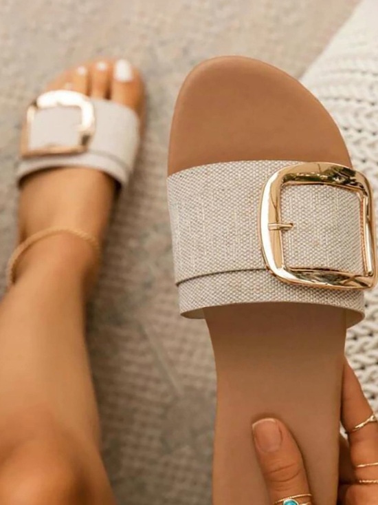 Shoes - Women’s Beige Slide Sandals with Decorative Buckle